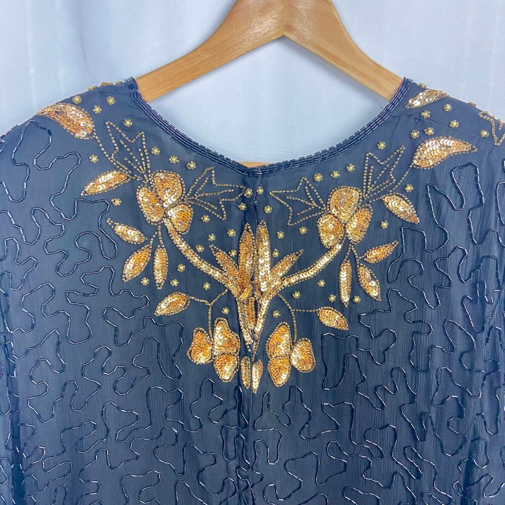 Vintage Beaded Cocktail Dress Size 2X Black Gold Sequins B2 & US by Marx & John - Picture 4 of 15